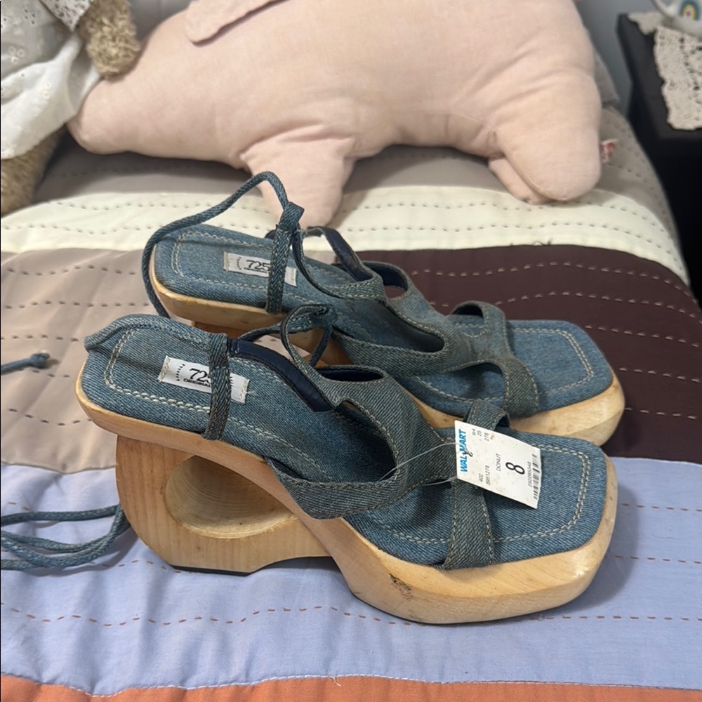 Trendy Denim Platform Sandals with Wooden Heel